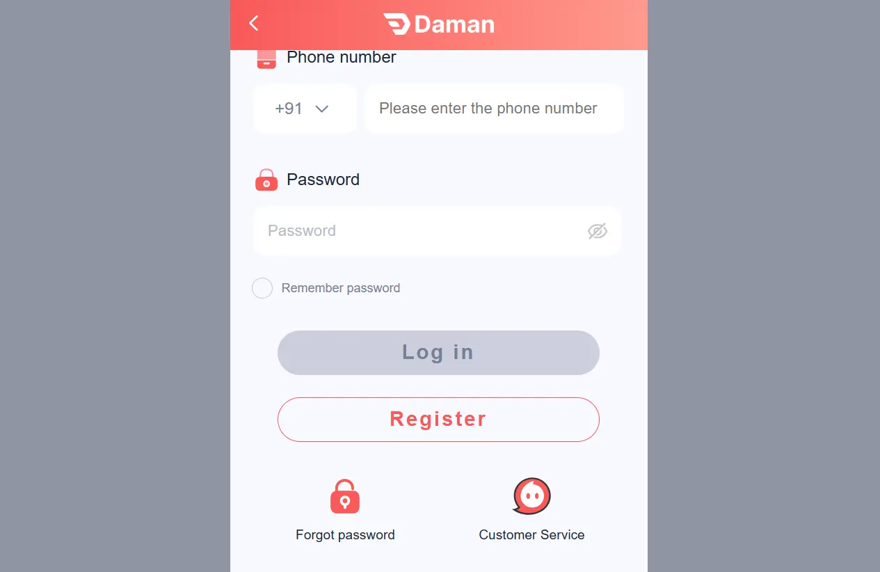 Daman Game Login Screen