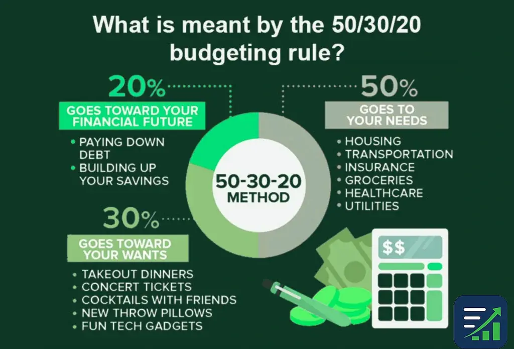 A pie chart illustrating the 50/30/20 budget rule categories