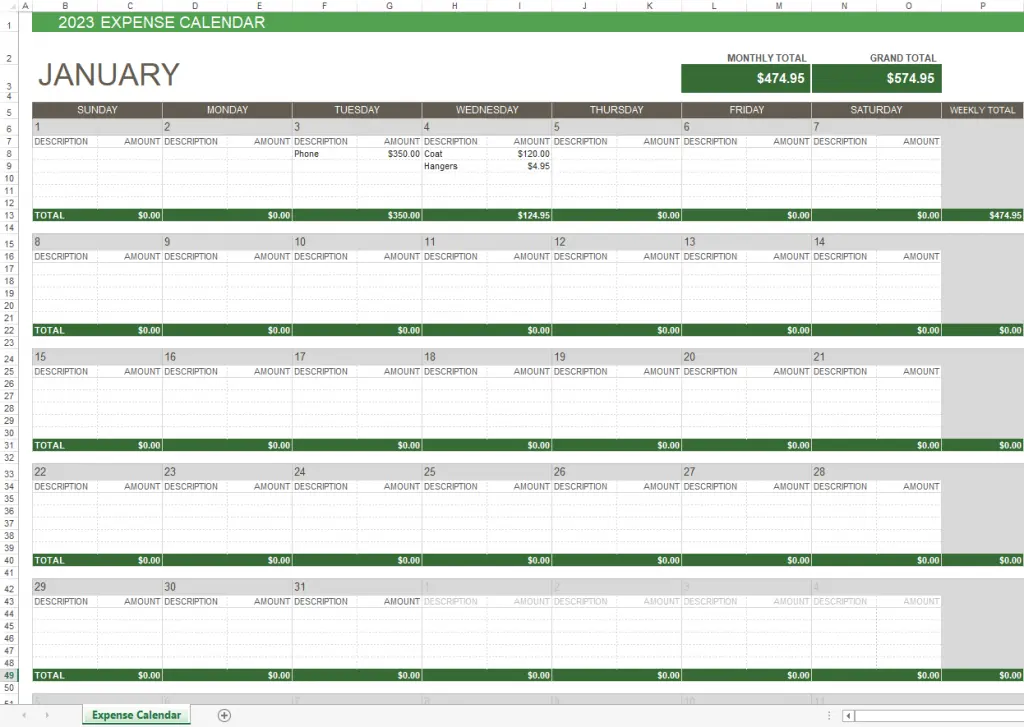 A calendar with large annual expenses like taxes and vacations marked on it