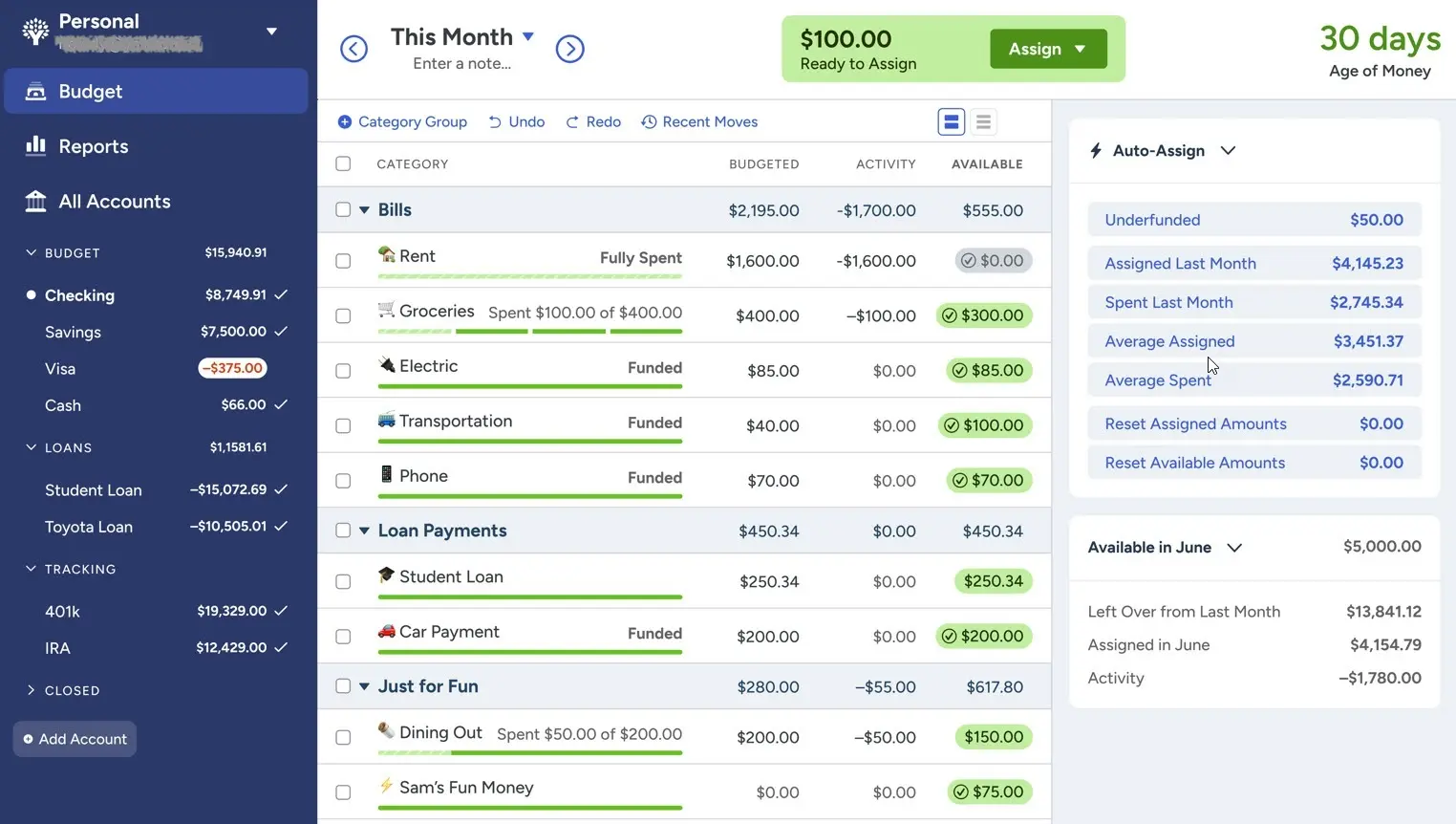 The user interface of the YNAB (You Need A Budget) app